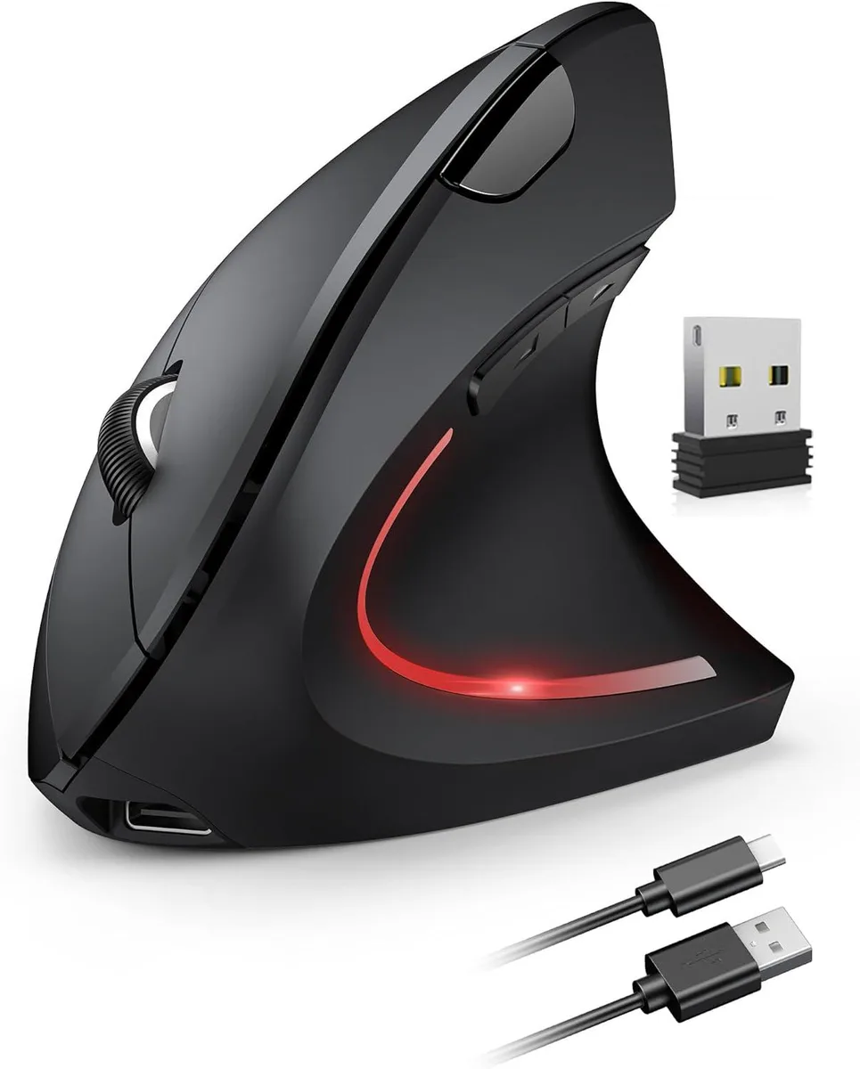 Black vertical ergonomic gaming mouse with seven buttons and USB cable