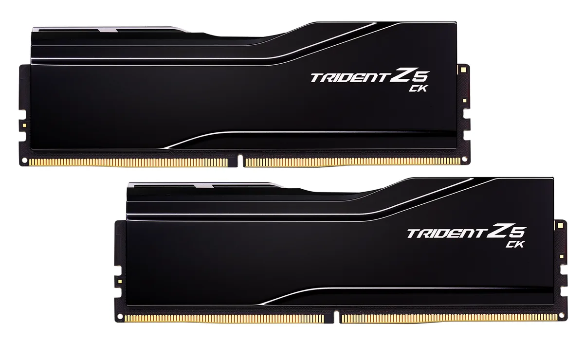 Two black DDR5 memory modules with glossy finned heatspreaders