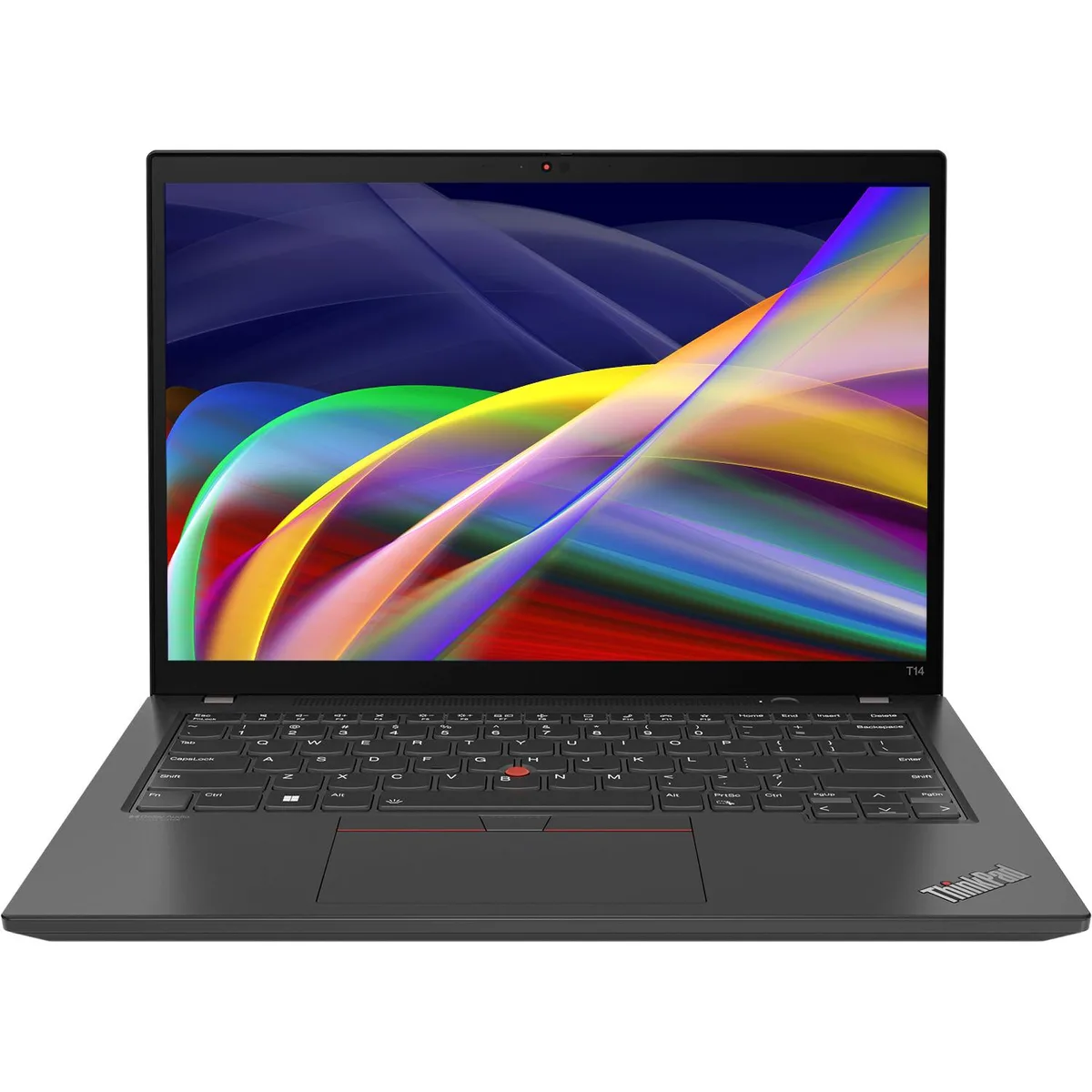 Black 14-inch laptop with matte finish and ThinkPad branding