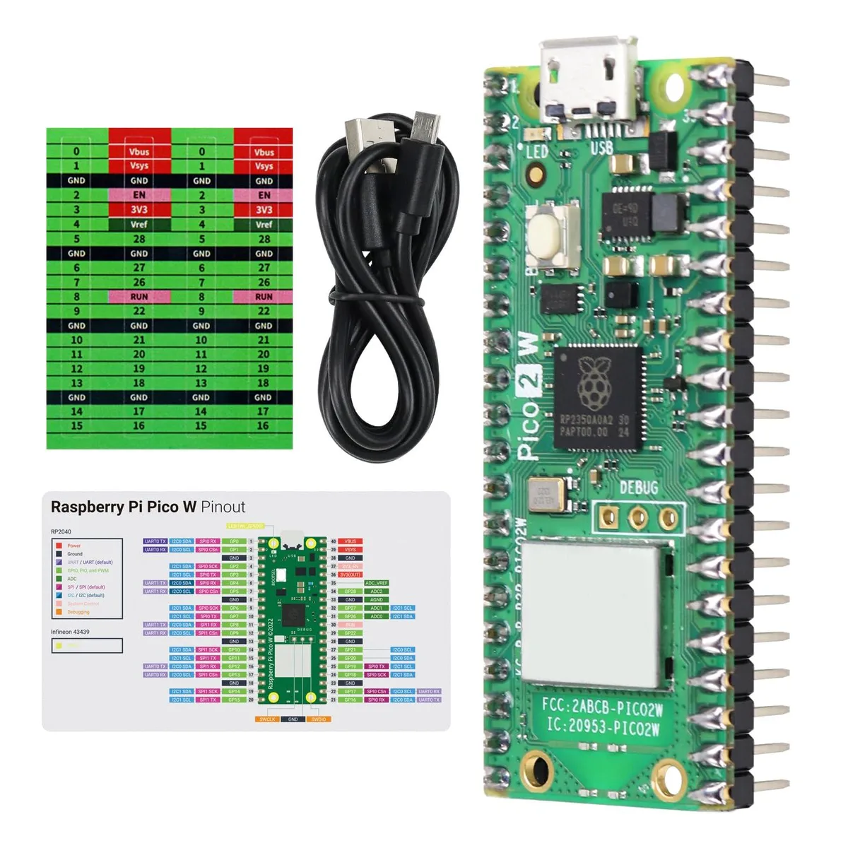 Green rectangular board with pre-soldered header pins and micro USB port