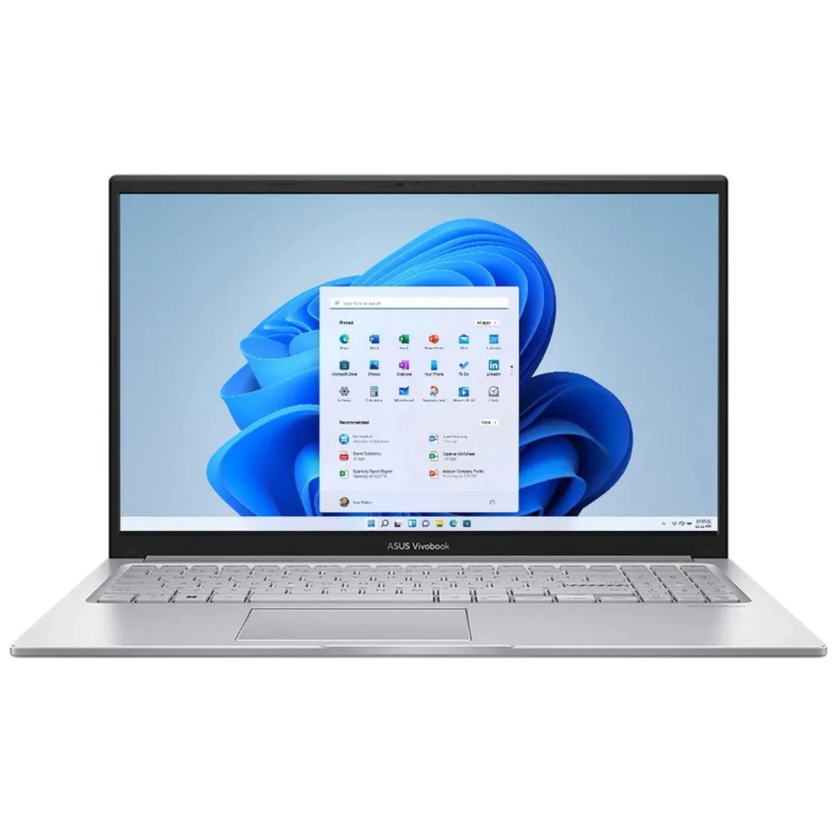 Silver 15.6-inch touchscreen laptop with slim profile and matte finish