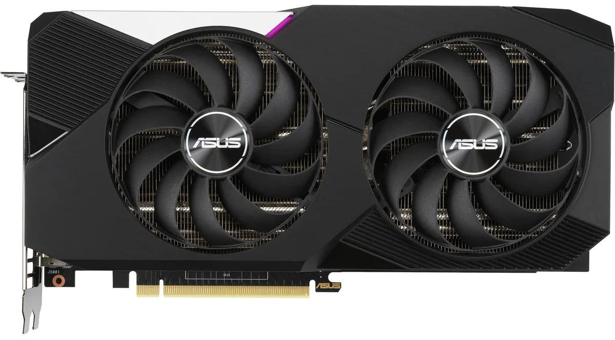 ASUS Dual GeForce RTX 3070 graphics card with two axial fans and a protective metal backplate