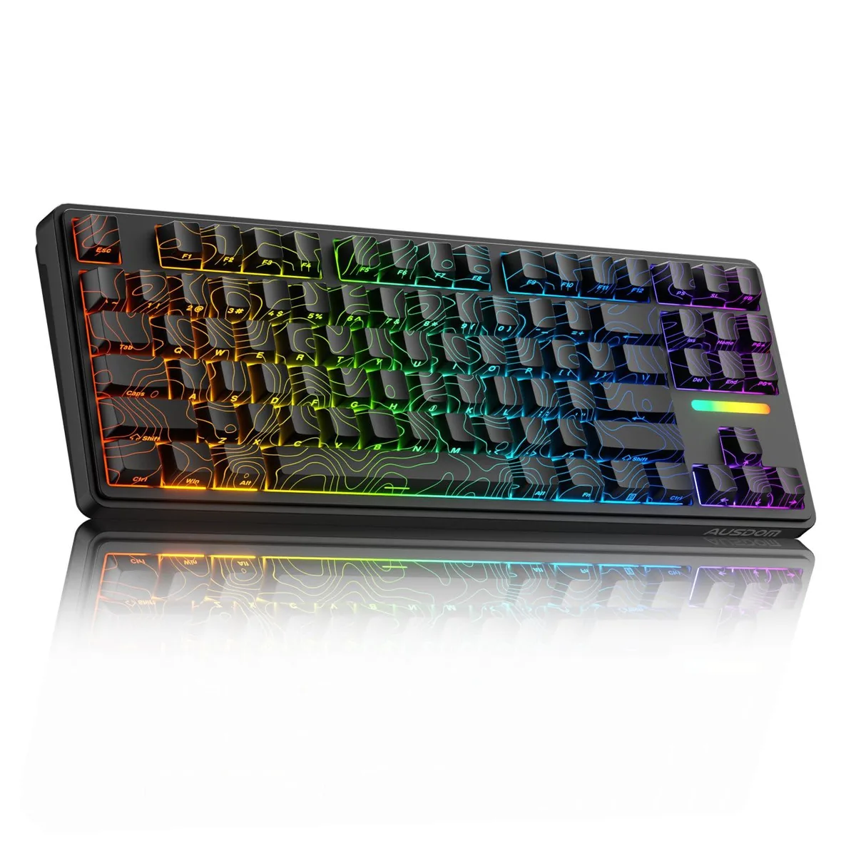 Compact 75 percent keyboard in topographic finish with side-printed PBT keycaps and RGB backlighting