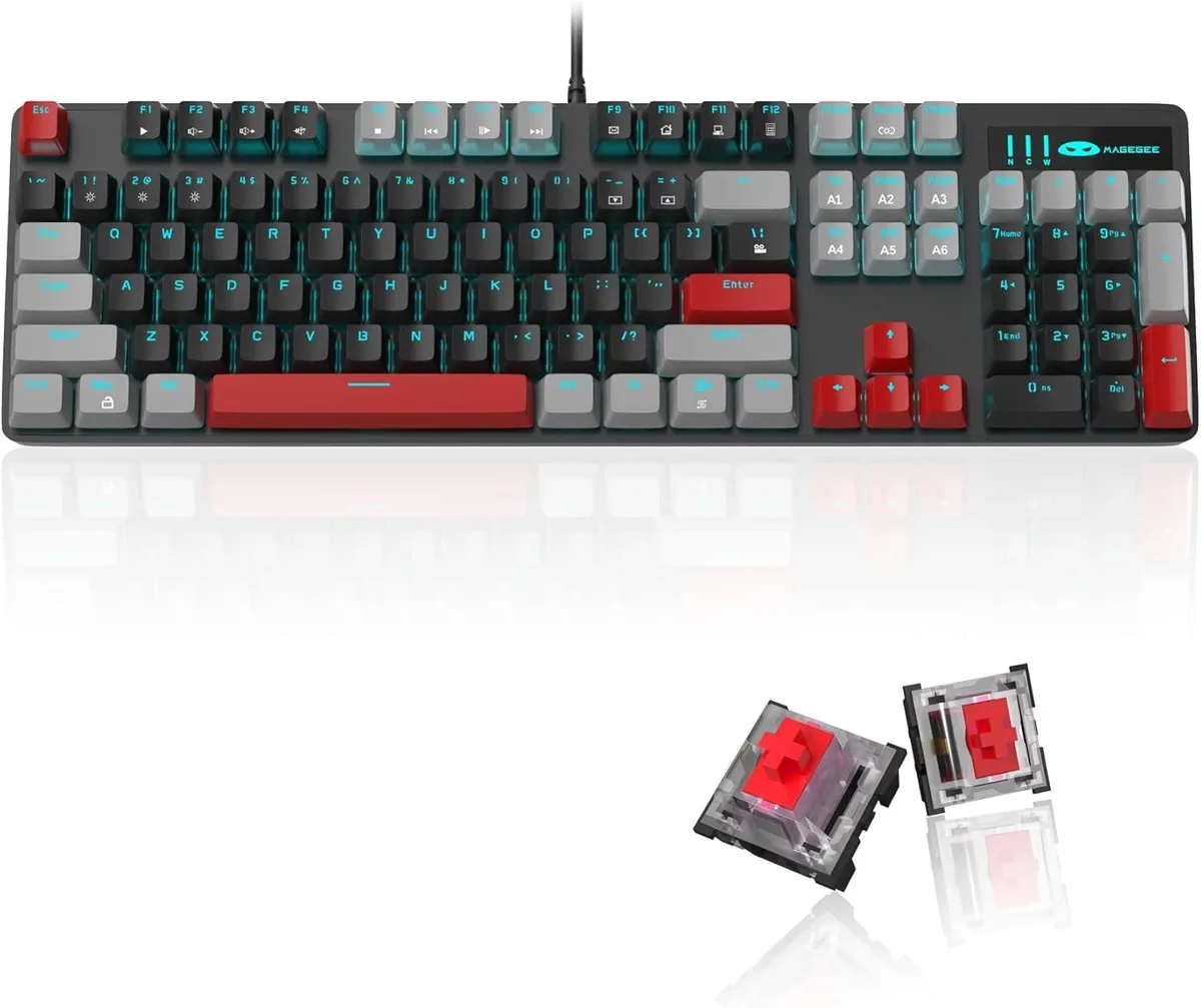 Full-size mechanical keyboard in grey and black with blue backlighting and 16 red keycaps
