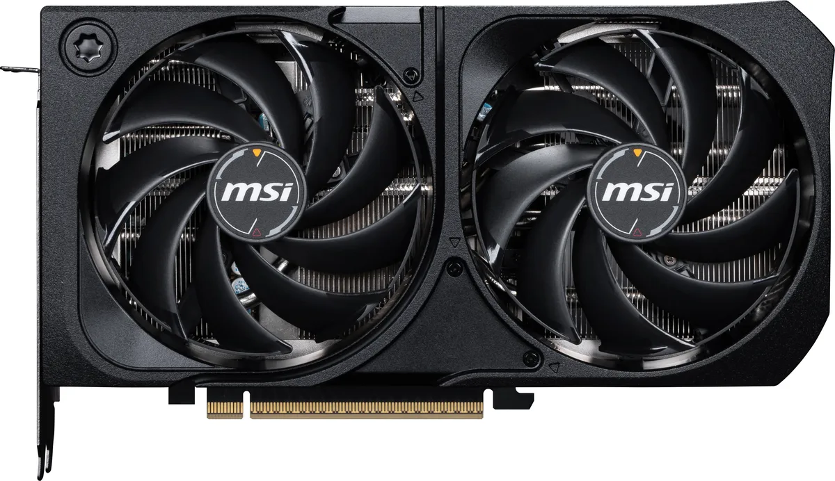 Black dual-fan graphics card, compact ATX form factor, matte finish, 231 mm length