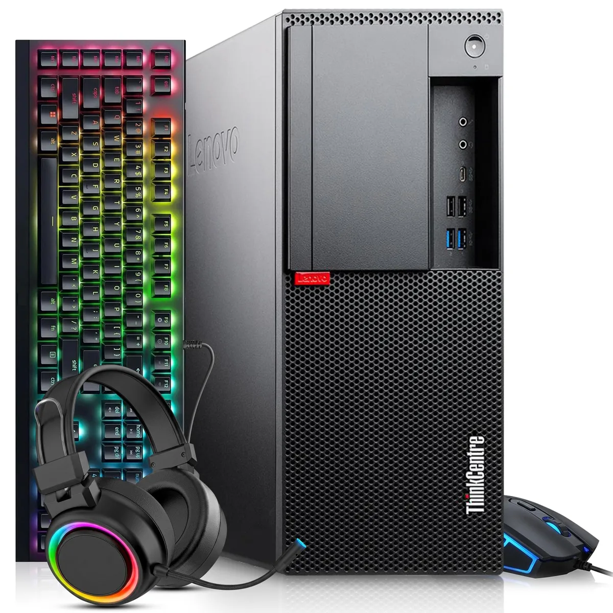 Black Lenovo ThinkCentre M720t tower desktop with RGB keyboard, mouse and headphones