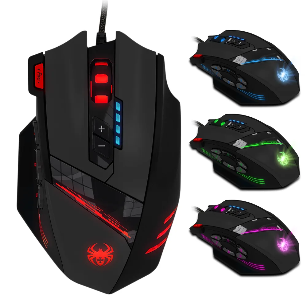 Black left-hand wired gaming mouse with twelve side buttons and braided cable