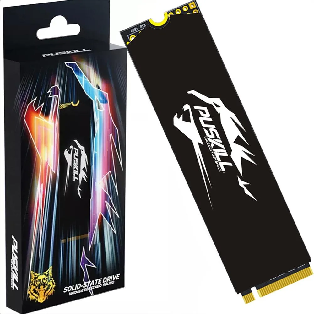 Rectangular green circuit board with gold edge connector and black controller chip labelled PUSKILL 128GB NVMe 2280