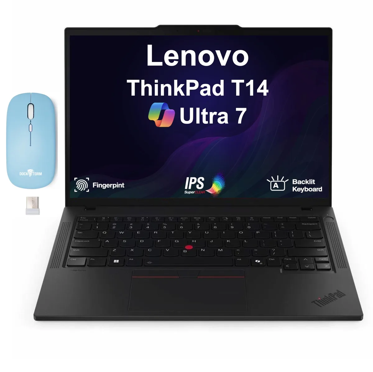 Black 14-inch ThinkPad T14 laptop with matte finish, backlit keyboard and fingerprint reader