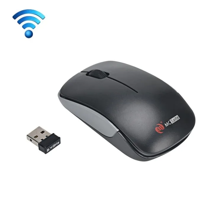 Black wireless gaming mouse with anti-skid scroll wheel and embedded USB receiver