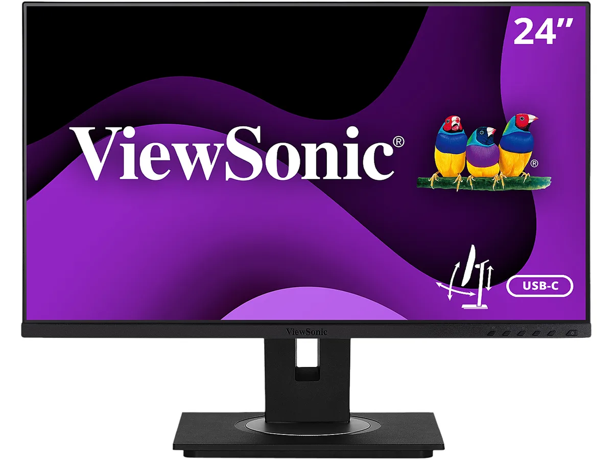 24 inch flat IPS monitor matte black stand with 40 degree tilt USB-C RJ45 ports visible