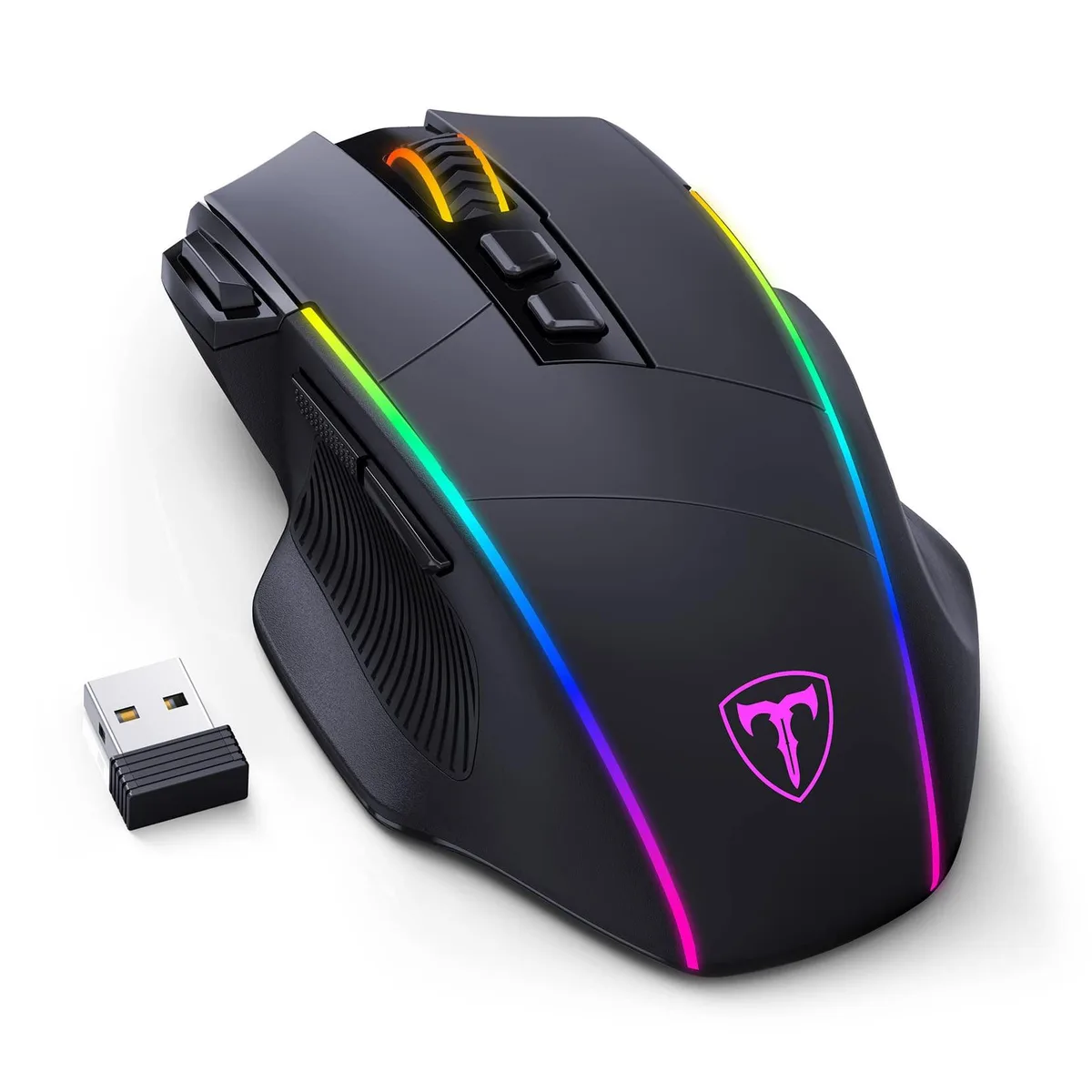 Black right-handed gaming mouse with matte finish, eight buttons and RGB lighting