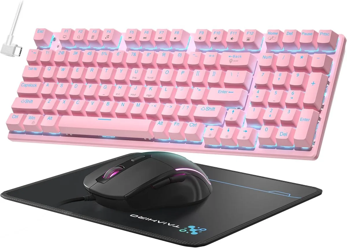 Pink 98-key mechanical keyboard with blue LED backlight, matching RGB mouse and mouse pad