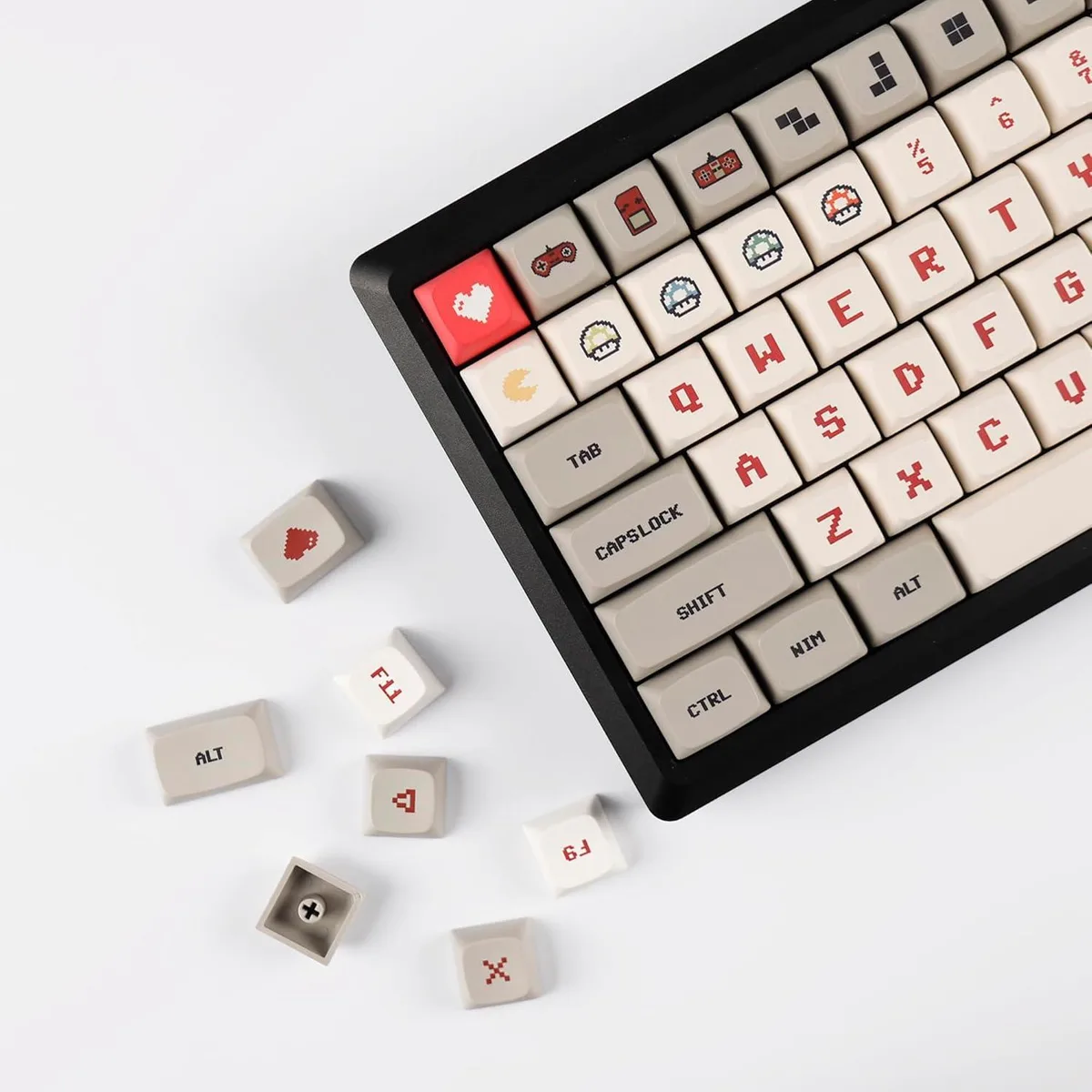 146 grey and green PBT keycaps in ZDA ball profile with dye-sub legends and wire puller