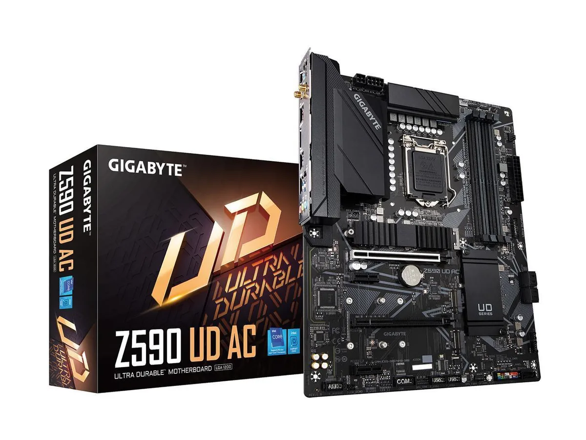 Black ATX motherboard with large silver heatsinks and rear I/O shield visible