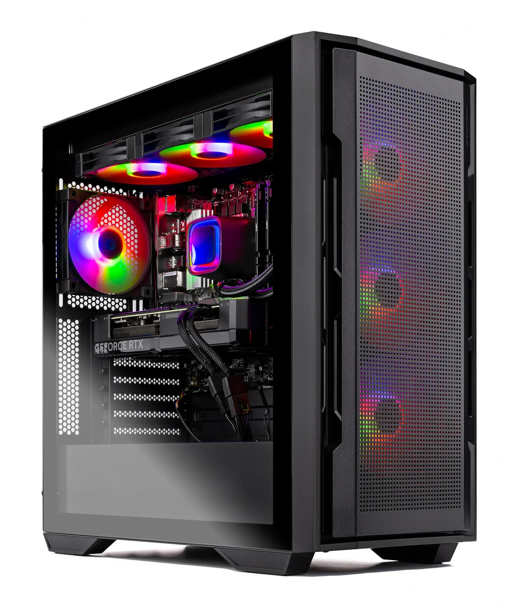 Black mid-tower gaming desktop with 360mm ARGB liquid cooler visible through tempered glass side panel