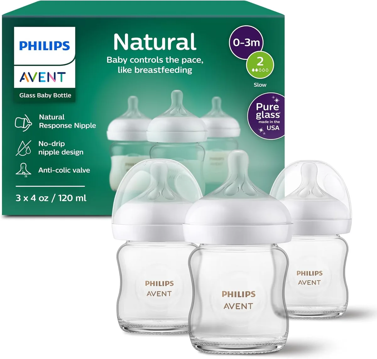 Avent Avent SCY910/03 Natural Glass Baby Bottles 4oz 3-pack Flow 2 bottle feeding — ürün fotoğrafı