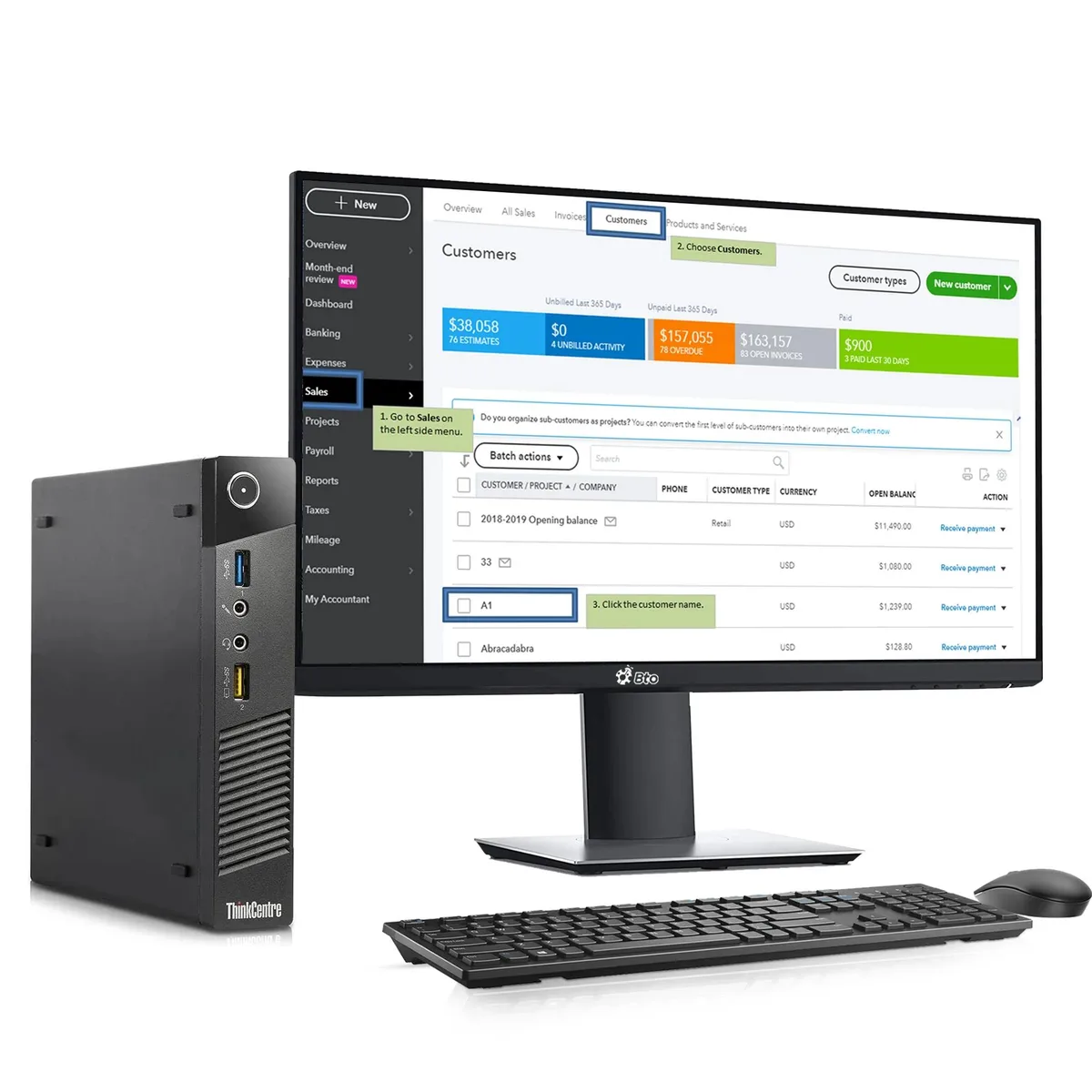 Black Lenovo Tiny desktop with 22 inch monitor keyboard and mouse