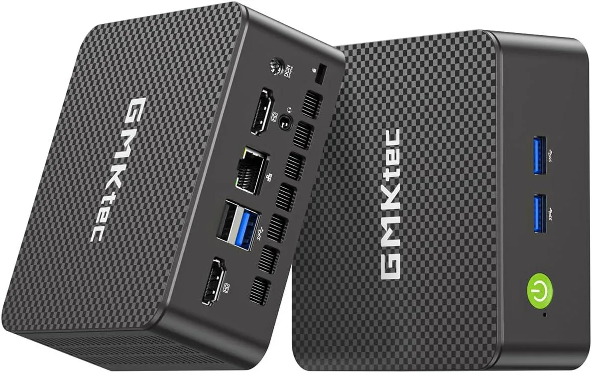 Black square mini PC with smooth matte finish, compact barebone form factor