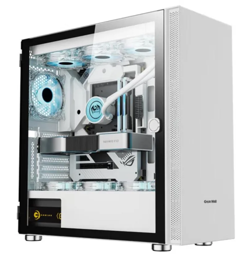 White full-tower case with tempered glass side panel, ten fan positions and 360 mm water-cooling support