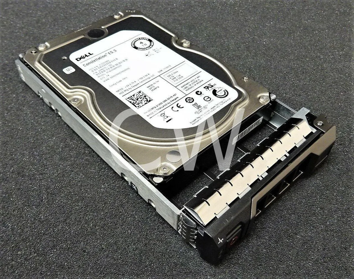 Silver 3.5 inch SAS hard drive with black label and tray