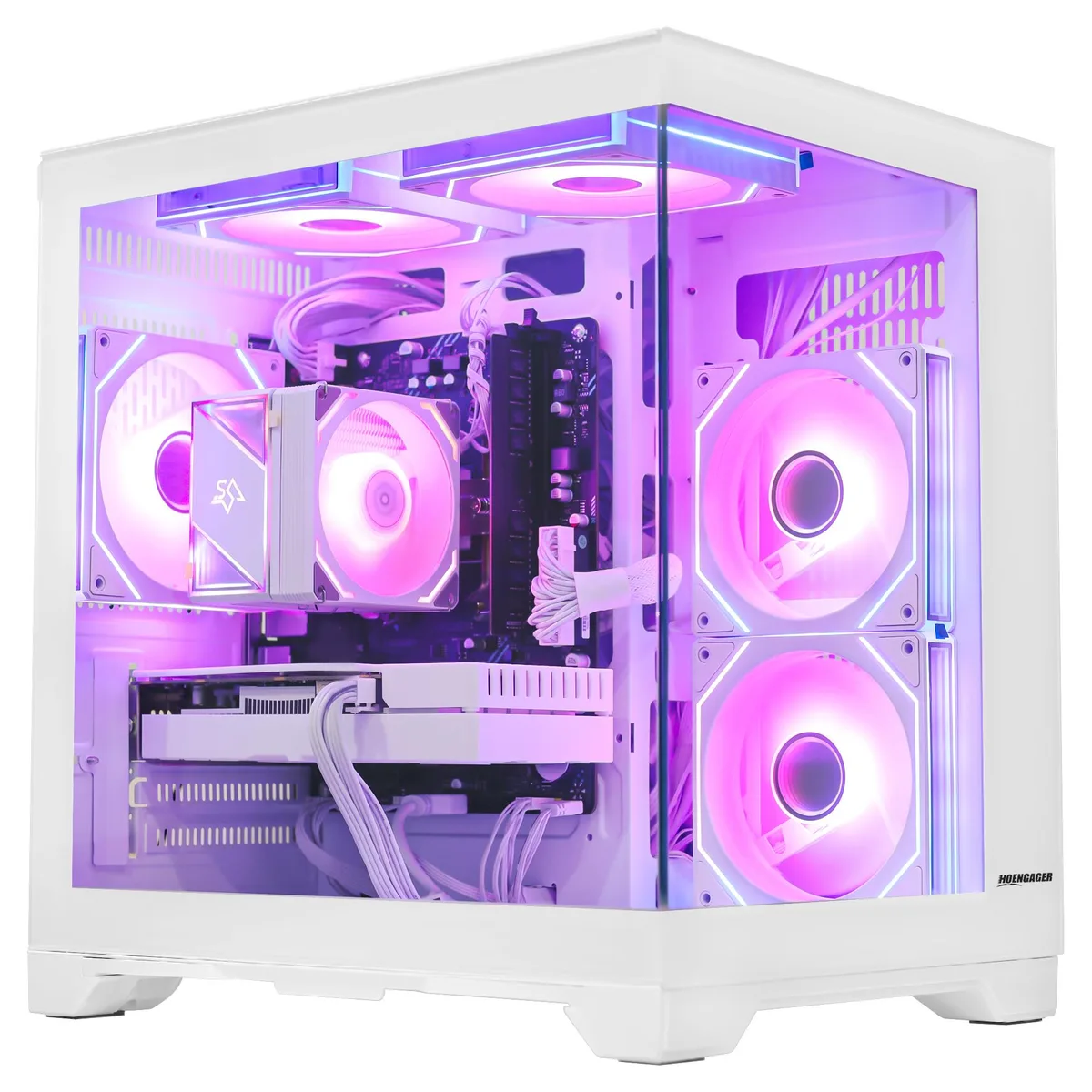 White mid-tower gaming desktop with RGB fans