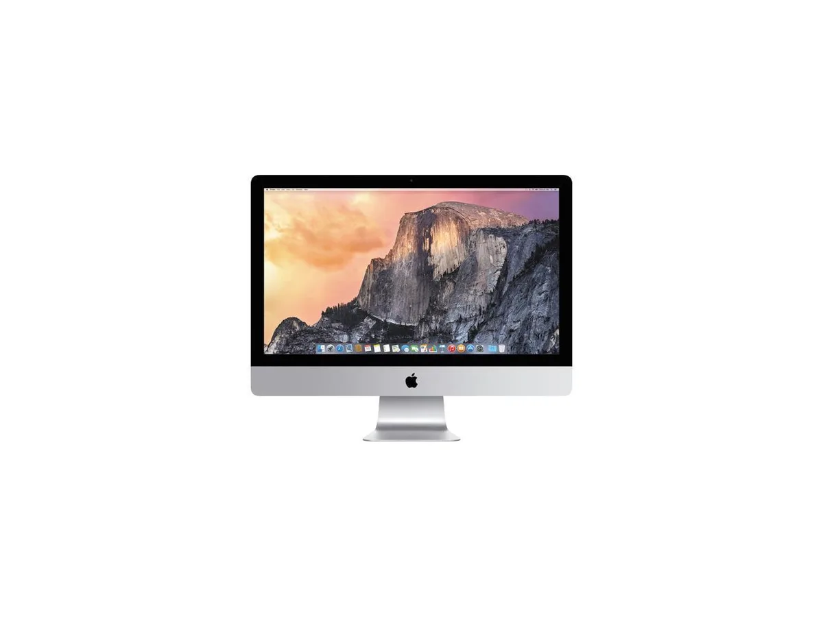 Silver aluminium all-in-one desktop with 27 inch Retina 5K display, keyboard and mouse