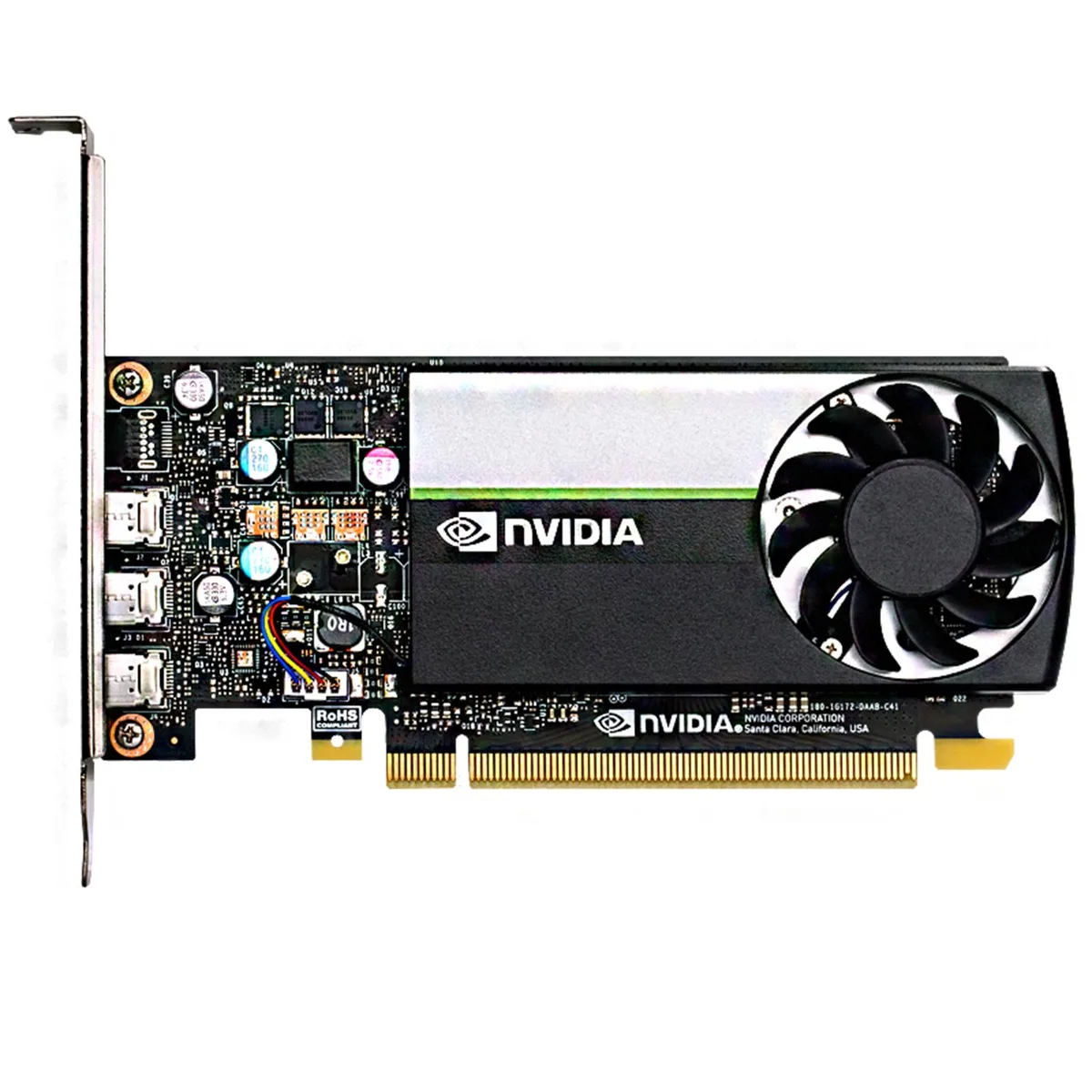 Low-profile graphics card with silver bracket and three DisplayPort connectors