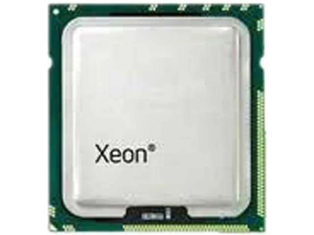 A silver rectangular server processor with gold contacts on the underside and a green substrate visible around the edges