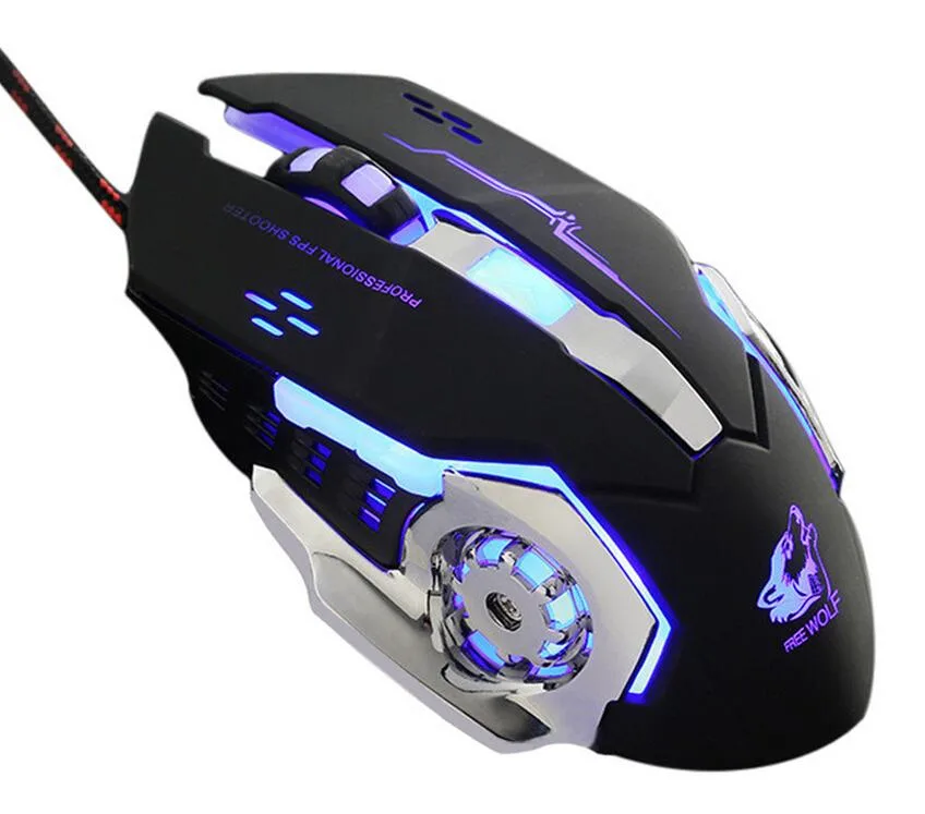 Black wired gaming mouse, right-handed ergonomic shape, six programmable buttons, four-color breathing LED cycle