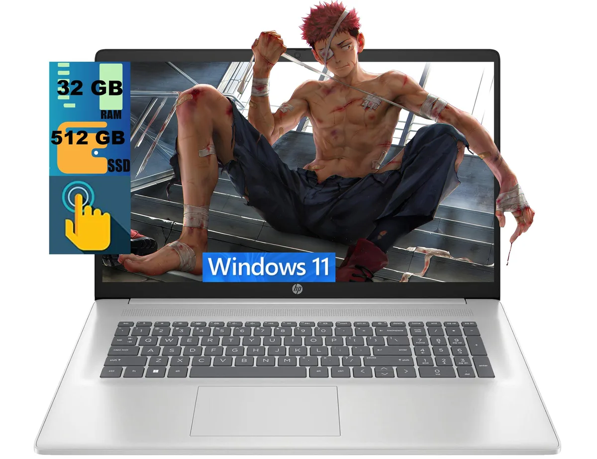 Silver HP 17 laptop with 17.3 inch HD+ touchscreen display open on desk