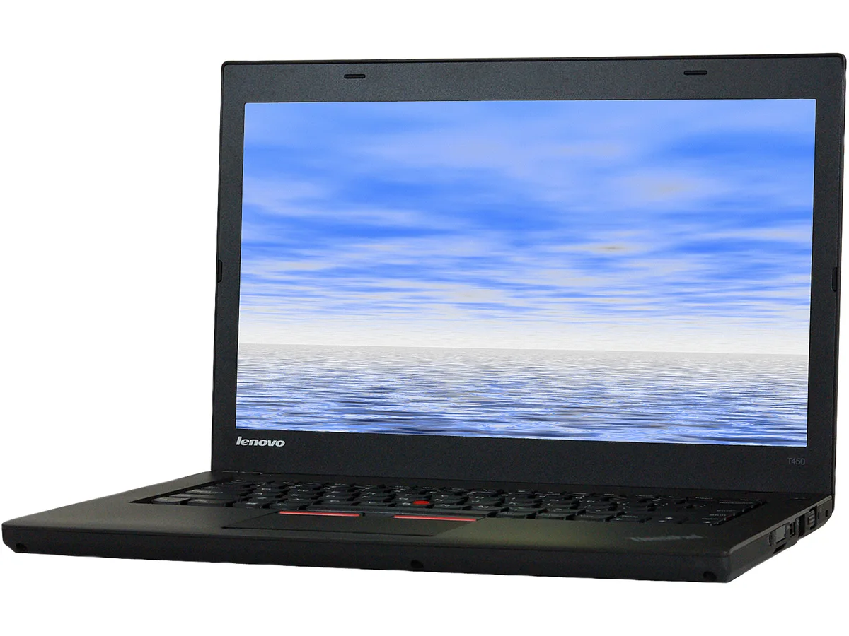 Refurbished black 14 inch business laptop with worn keyboard and screen scuffs
