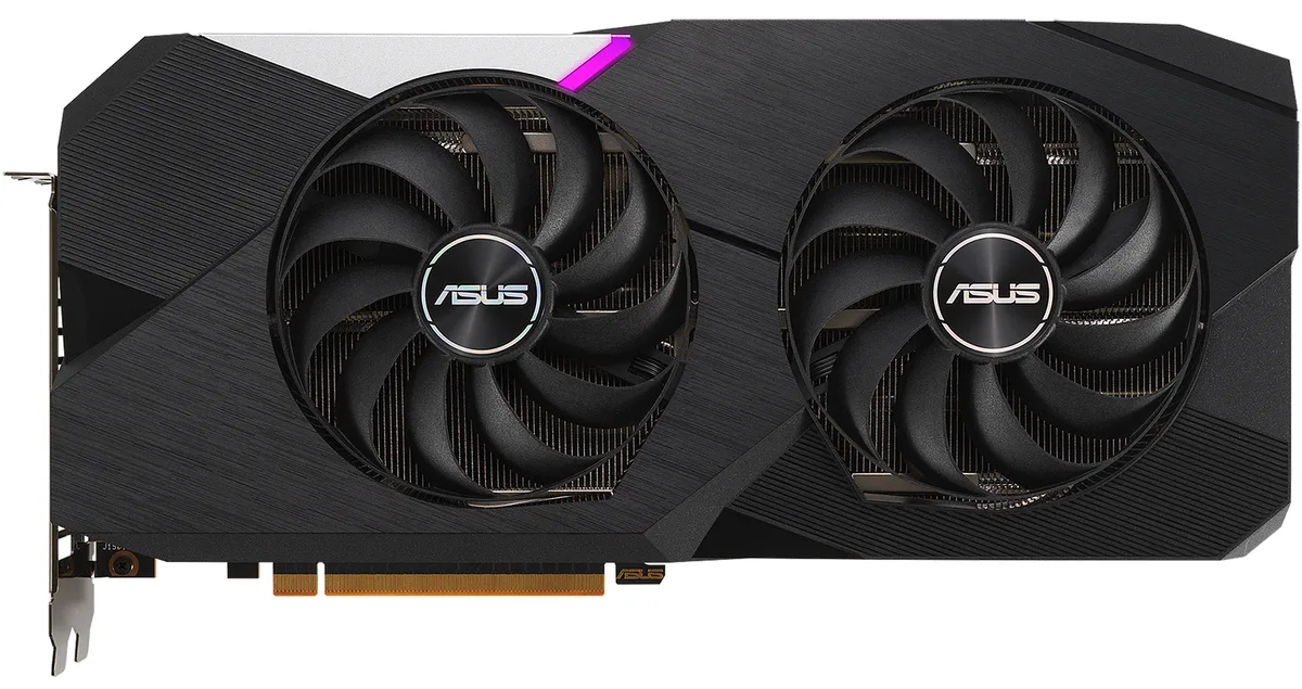 ASUS Dual Radeon RX 6700 XT graphics card with two axial fans and a protective backplate