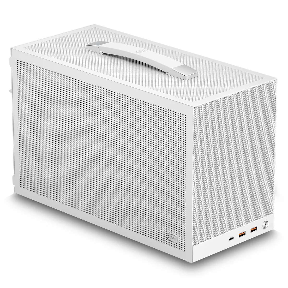 White Mini-ITX case with mesh panels on four sides, three pre-installed fans visible through the front, compact rectangular shape