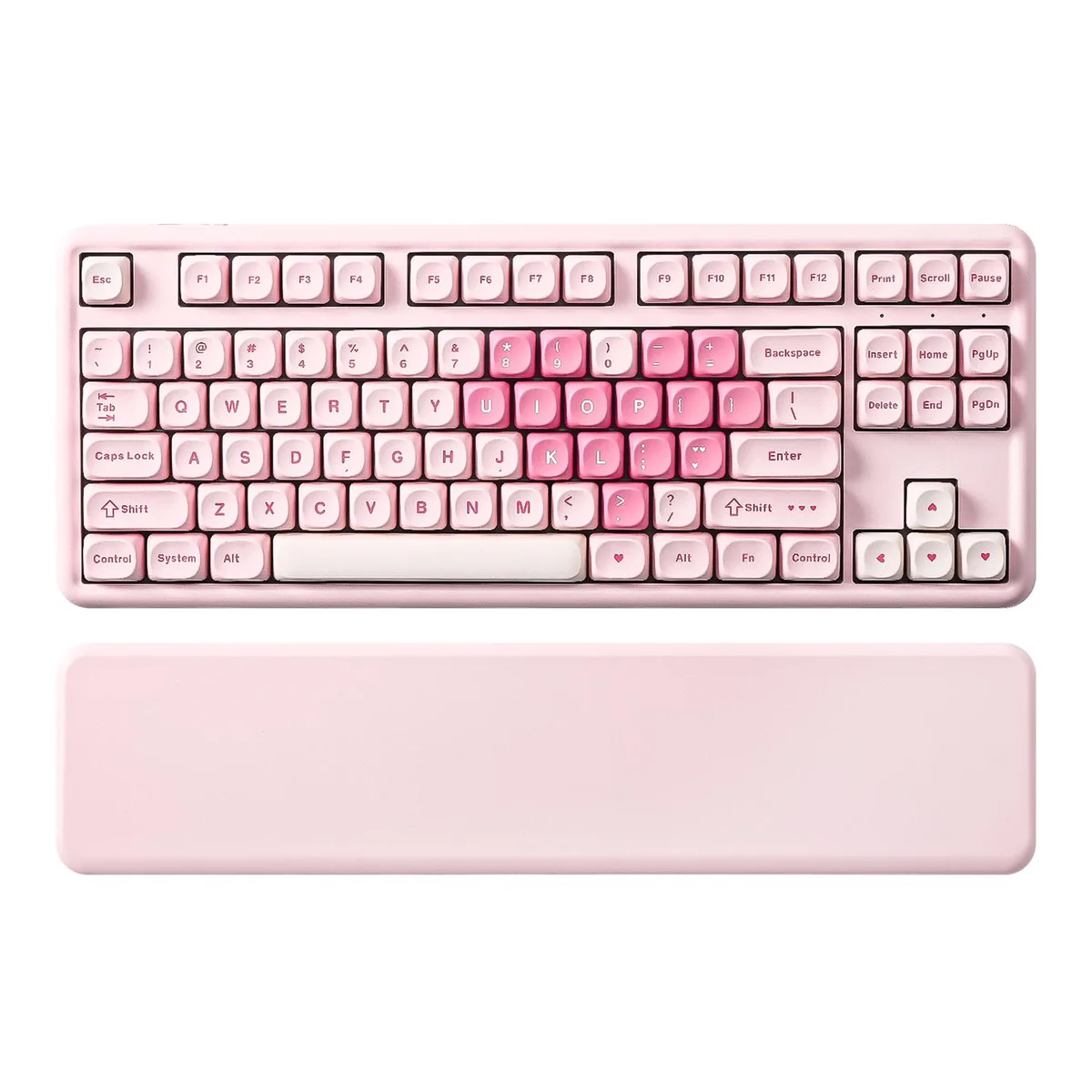 Pink tenkeyless mechanical keyboard with heart-patterned keycaps and wrist rest