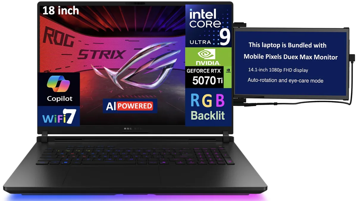 An 18-inch black gaming laptop with an attached 14-inch portable monitor