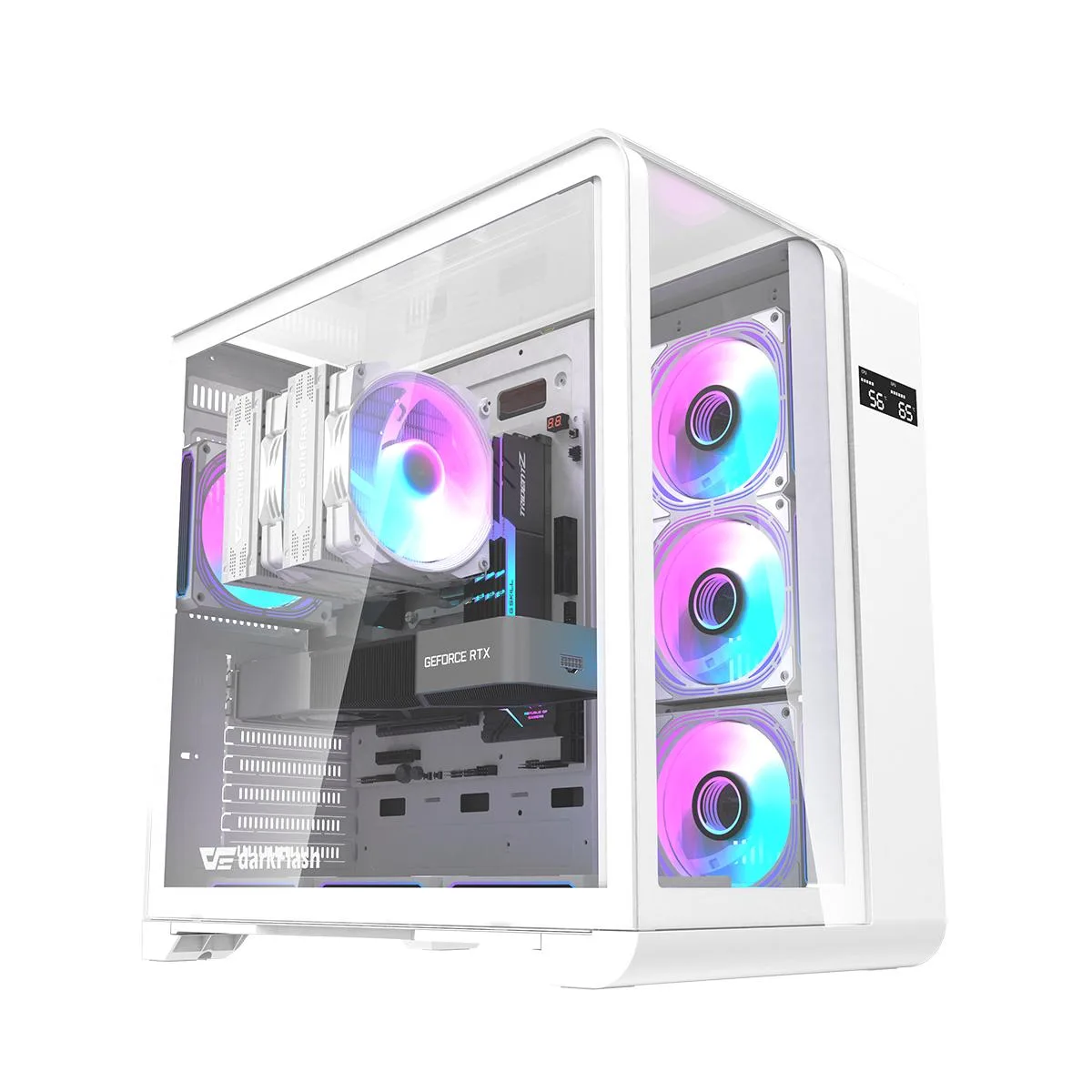 White ATX mid-tower case with three-side curved tempered glass and dual digital display panels