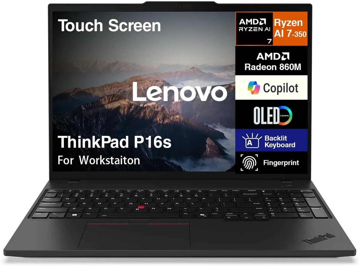 Black ThinkPad P16s laptop, 16.0 inch 4K OLED touchscreen, matte finish, compact clamshell form