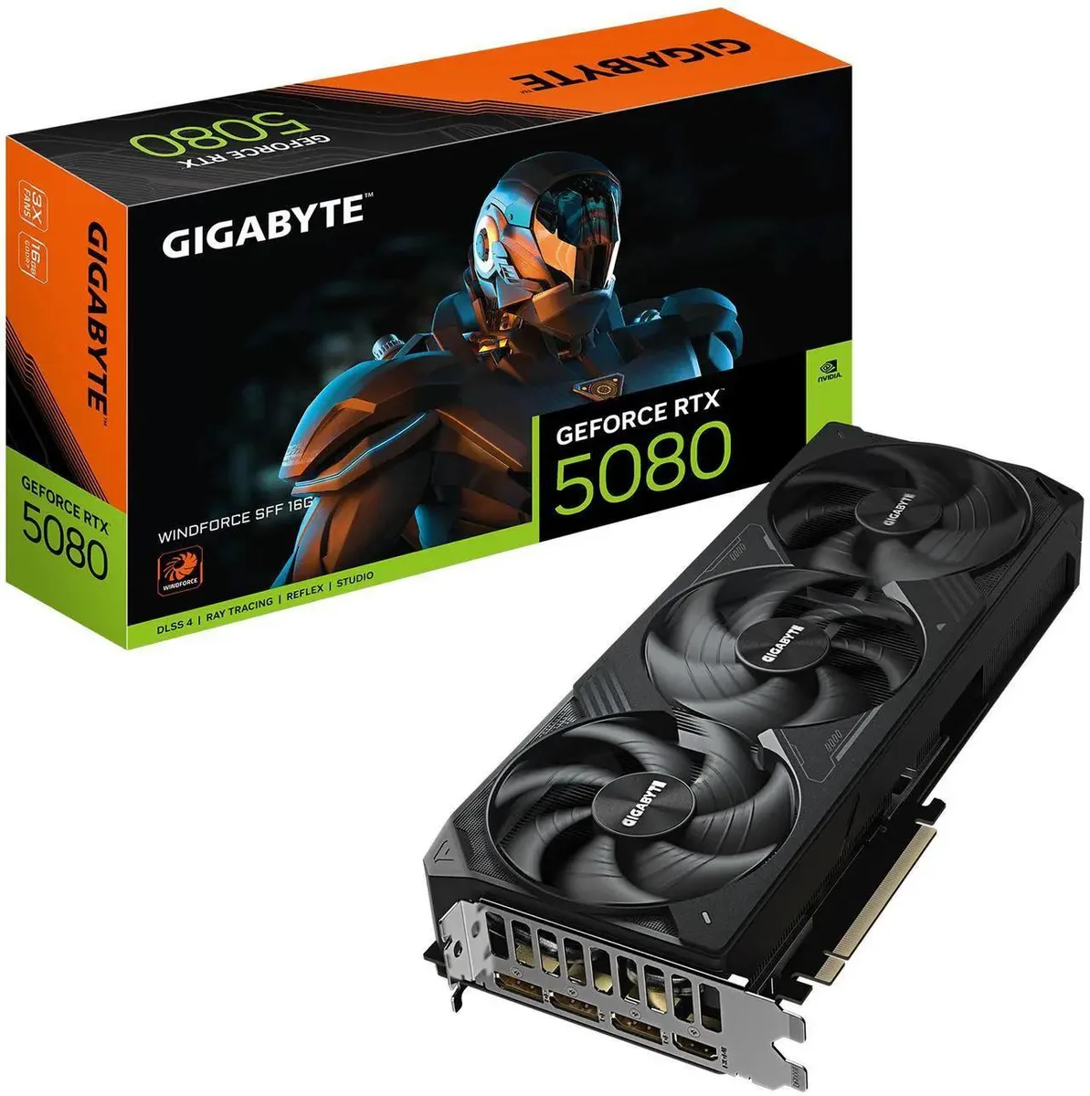 Black triple-fan graphics card with angular shroud and metal backplate