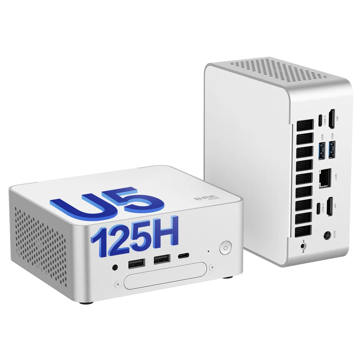 Small square mini PC in dark plastic with metal frame, VESA mount attached