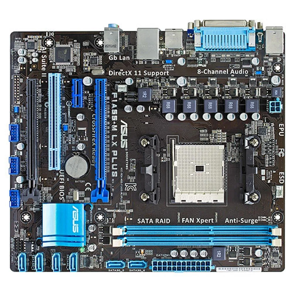 Green Micro ATX motherboard with black sockets and silver heatsinks