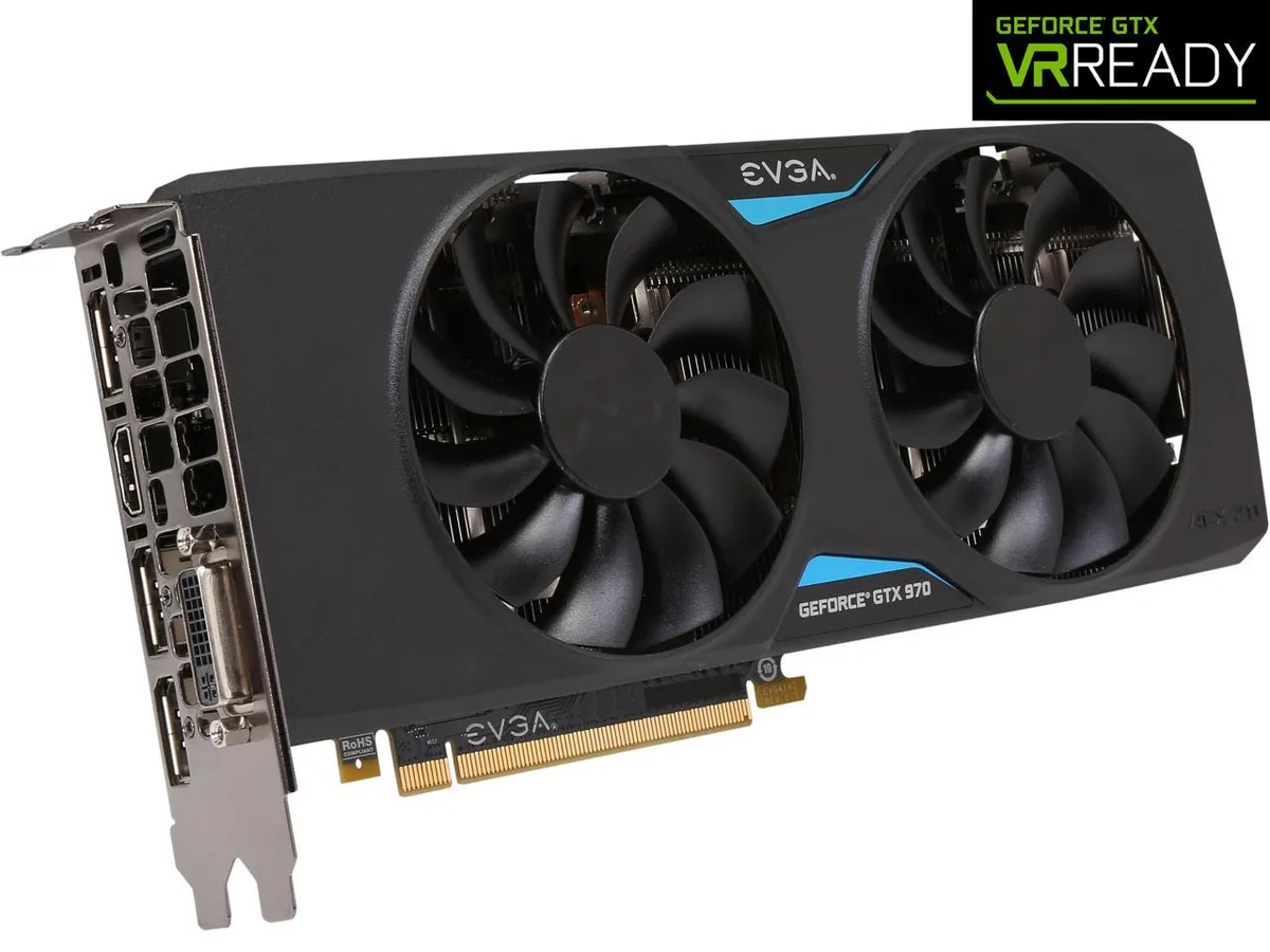 EVGA GeForce GTX 970 graphics card with dual-fan ACX 2.0 cooler and installed backplate