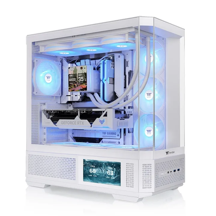 White mid-tower case with four tempered-glass panels and mesh front, two ARGB fans visible inside
