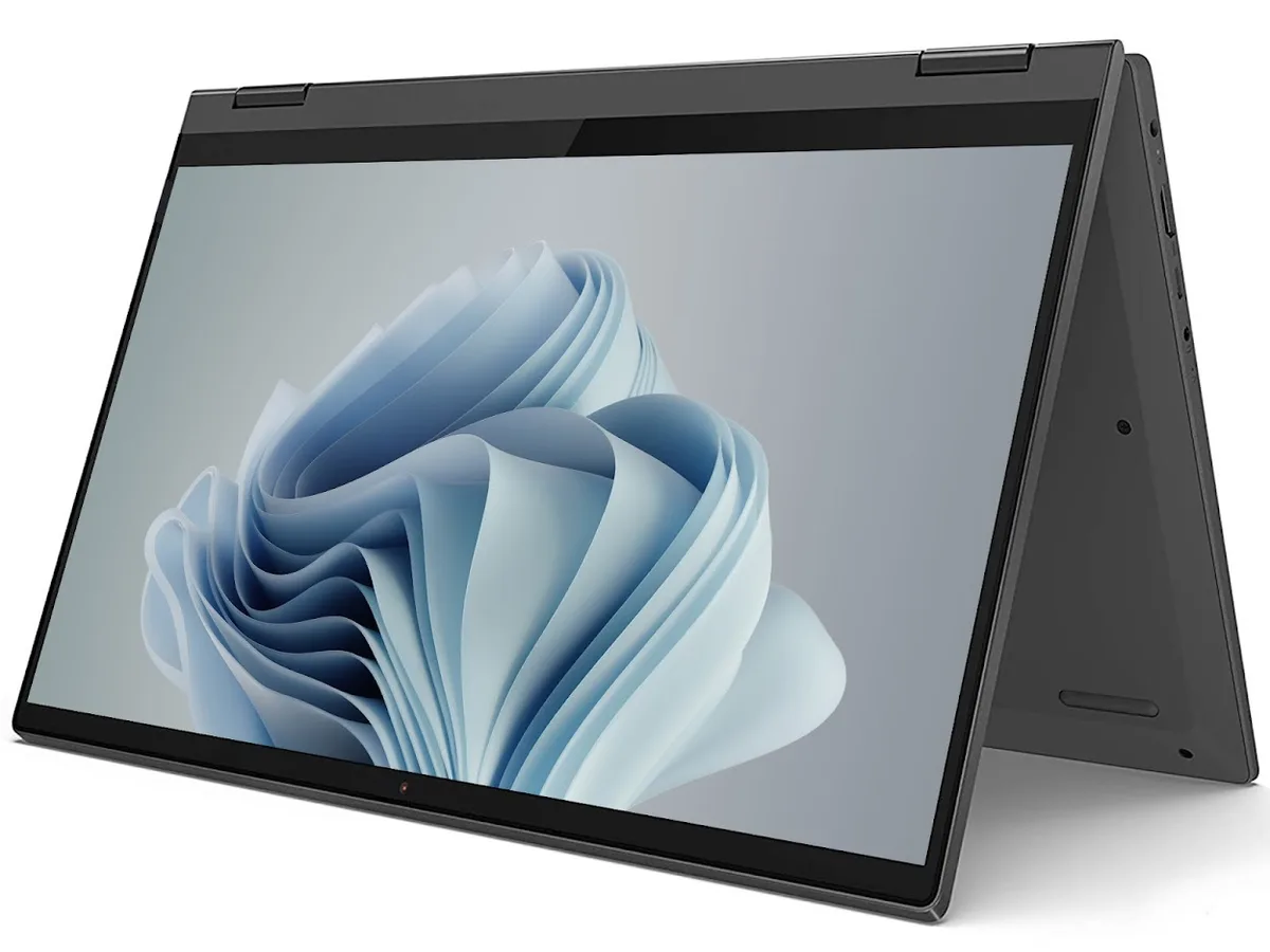 Grey 14-inch 2-in-1 laptop with 360-degree hinge and touchscreen display
