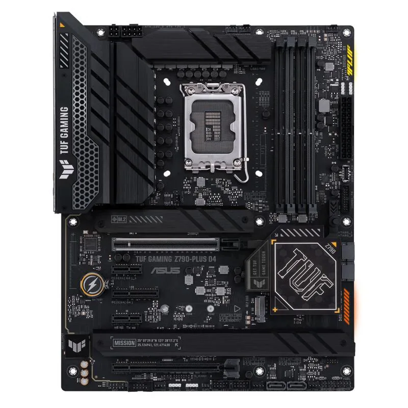 ATX motherboard with black and yellow heatsinks, LGA 1700 socket, DDR4 slots, SATA ports