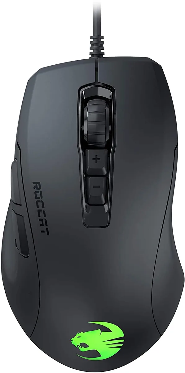 Black ergonomic right-handed gaming mouse with matte finish, RGB lighting zones, seven buttons and scroll wheel