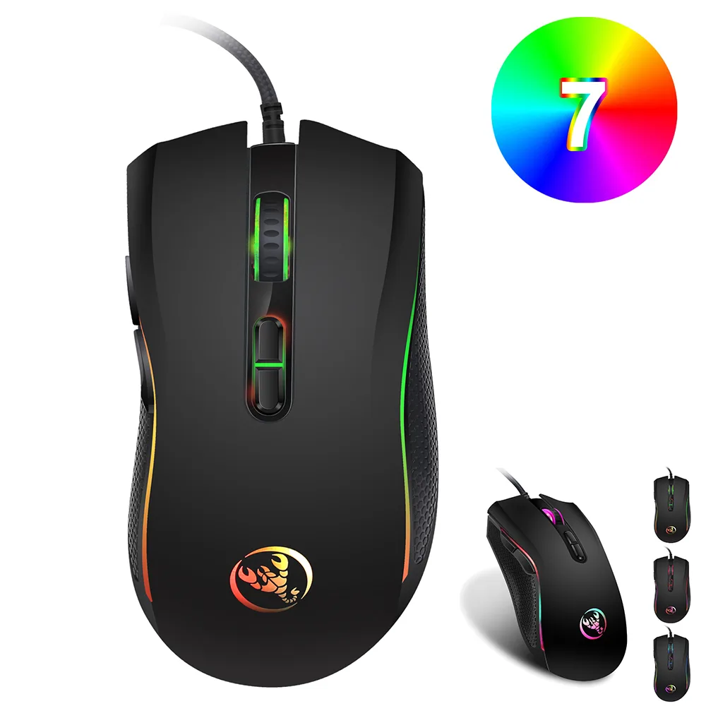 Black wired gaming mouse with seven buttons and multicolour LED lighting