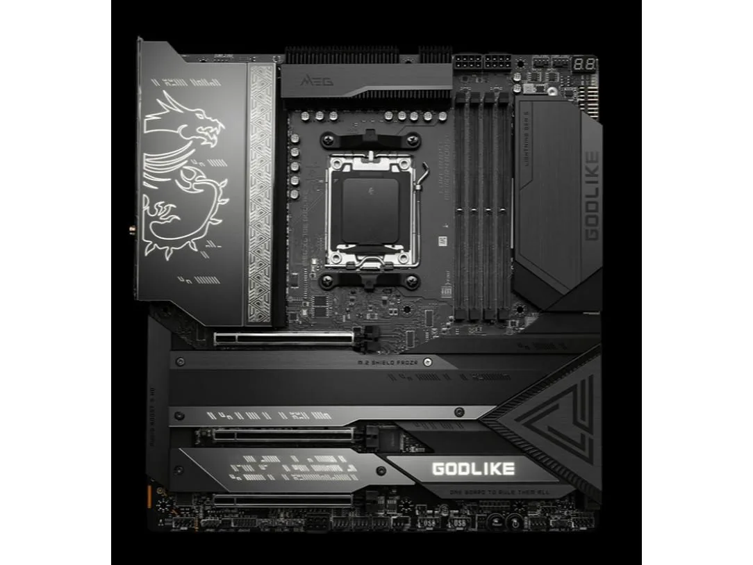 Large rectangular E-ATX motherboard, black finish with gold accents and integrated I/O shield