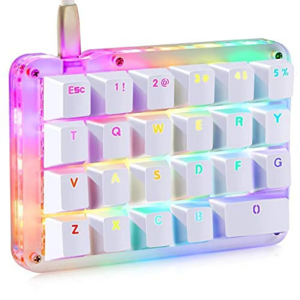 White compact one-handed mechanical keyboard with 23 keys and RGB backlighting