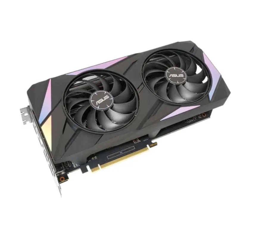 ASUS RTX 3060 graphics card with three cooling fans, dark finish, rear I/O bracket showing multiple display outputs